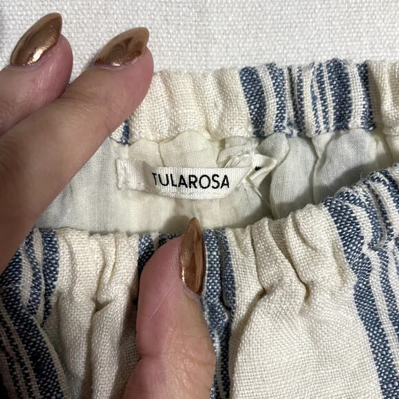 Tularosa Sara White Blue Striped Off-the-Shoulder Tassel Mini Dress - Size M - Picture 4 of 9